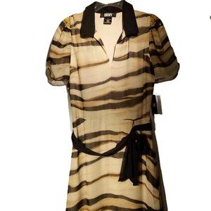 DKNY Dress sz 8 Tan/Black/Brown Animal Stripe Cap Sleeve Midi Black Tie NWT